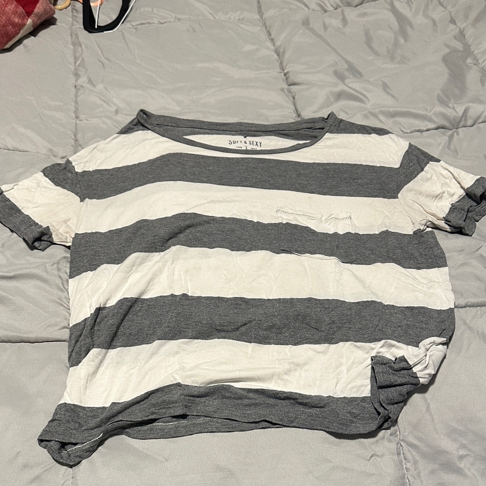 American Eagle Outfitters Gray and Cream Soft & Sexy Tee